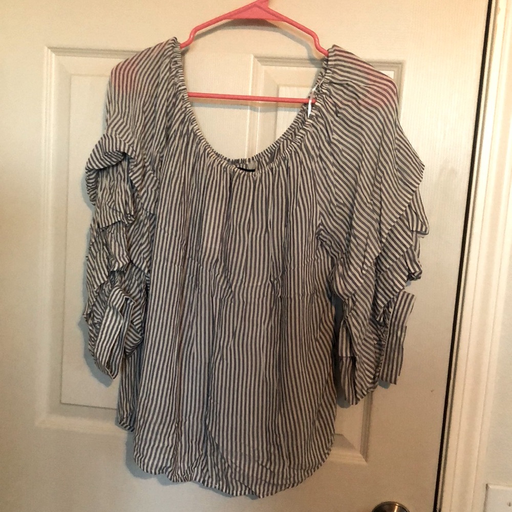 Velvet Heart blouse size L. 100% rayon. Super light . Grey/blue and white stripe